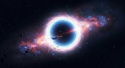 Obraz premium Cosmic vortex engulfs a spacecraft amidst nebulae