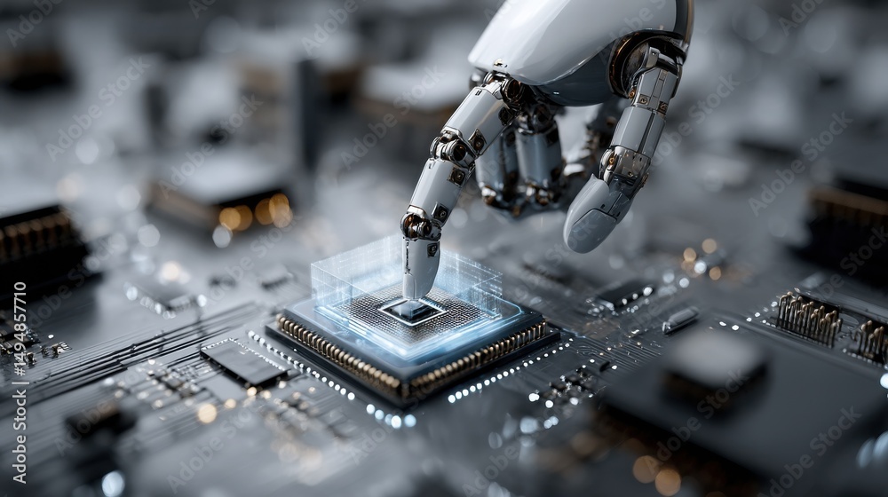 Leinwandbilder Robot Hand Touching a Glowing Microchip on a Circuit Board, Symbolizing Artificial Intelligence and Technological Advancement in Digital Transformation : Generative AI