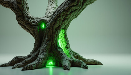 Obraz premium A majestic tree exhibits vibrant green bioluminescent roots glowing beneath its trunk against a neutral backdrop.
