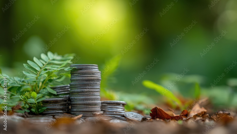 Poster stacks of coins and green sprouts in a forest setting, symbolizing financial growth and sustainable 