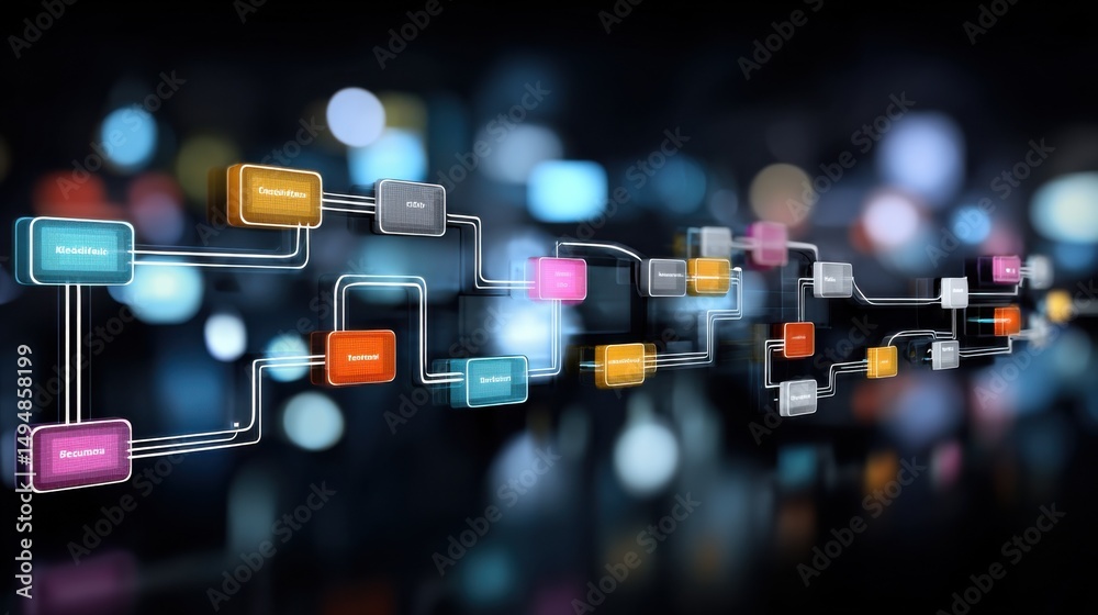 Poster Abstract Flowchart of Connected Boxes Against Bokeh, Illustrating Data Analysis and Workflow Automation in Modern Business : Generative AI
