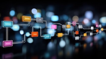 Abstract Flowchart of Connected Boxes Against Bokeh, Illustrating Data Analysis and Workflow Automation in Modern Business : Generative AI
