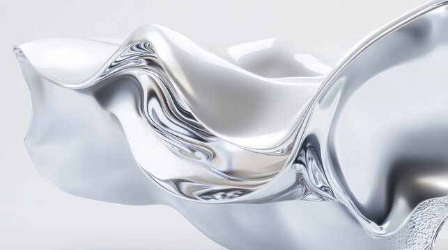 Abstract silver form, fluid and reflective, undulating with subtle highlights against a muted background