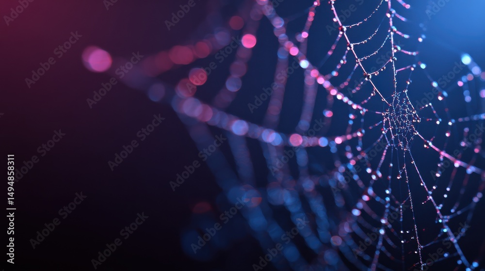 Poster Close-Up of Spiderweb Covered in Dew Drops at Night, Symbolizing Connectivity and Network Security for Technology Companies : Generative AI