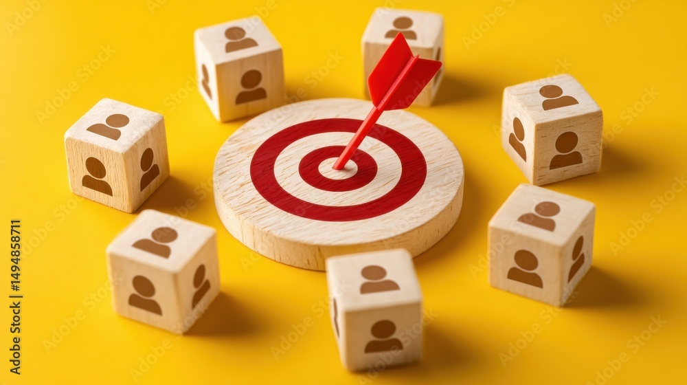 Poster wooden blocks with people icons around target with arrow, symbolizing teamwork and recruitment succe