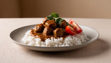 Delicious meatballs on hot potato puree. AI Generated.