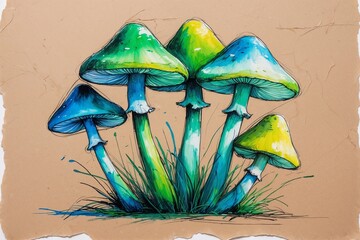 Green mushrooms sketch, AI Generated