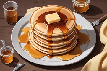 A plate of American pancakes with syrup and butter. AI Generated.