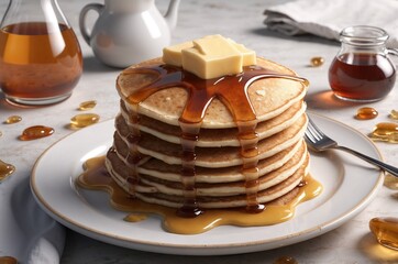 A plate of American pancakes with syrup and butter. AI Generated.