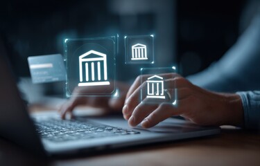 Person Using Laptop for Online Banking With Glowing Bank Icons, Illustrating Digital Finance and Secure Transactions for Modern Lifestyles and Financial Planning : Generative AI