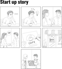 Startup story storyboard sketching, showing young entrepreneur discussing an idea with a friend, storyboard  vector design