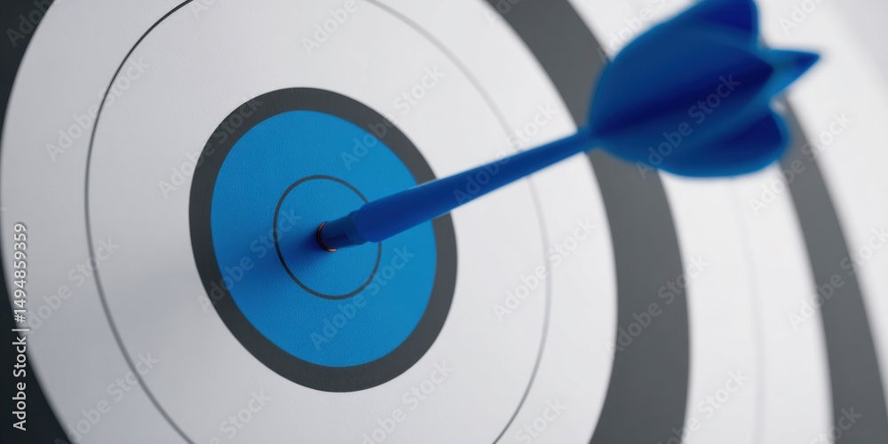 Poster blue dart hitting bullseye on target, representing business goals, precision and focused strategy fo