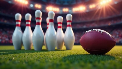 Bowling pins arranged as football field, football in foreground, ball, end zone