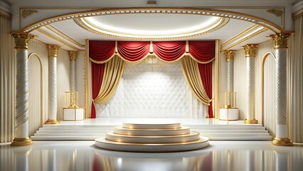 Elegant stage design with red and gold curtains for award ceremony or presentation