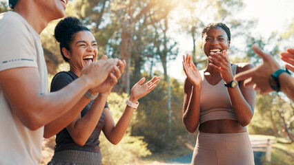 Running, support and applause with friends in nature for fitness, workout partners and health....