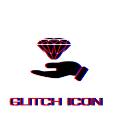 Hand and diamond icon flat. Simple pictogram - Glitch effect. Vector illustration symbol