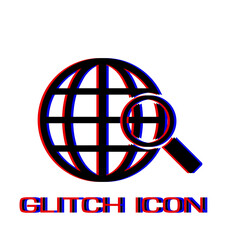Analyzing world icon flat. Simple pictogram - Glitch effect. Vector illustration symbol