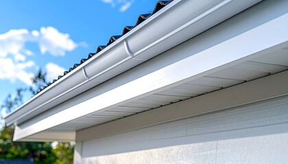 Fototapeta premium Clean white rain gutter system on a house roof against blue sky.