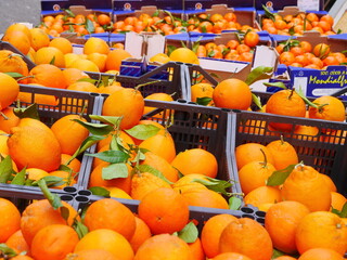 A crate of oranges is piled high with oranges