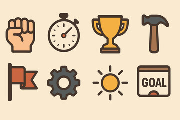 Motivation and achievement icons set – flat, outline, success and goal symbols