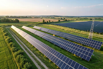 Alternative power source to saving environment.Solar panels park generating green energy electric.Green energy reduce carbon emissions and makes earth cleaner and more ecological