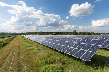 Alternative power source to saving environment.Solar panels park generating green energy electric.Green energy reduce carbon emissions and makes earth cleaner and more ecological