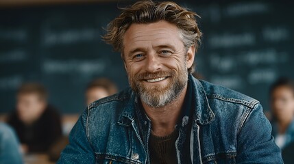 Fototapeta premium Enthusiastic teacher with beard and denim jacket passionately explaining compound interest principles to students