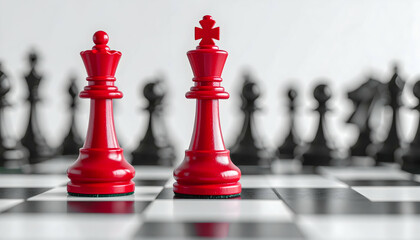 Two prominent red chess pieces stand out on a black and white chessboard, symbolizing strategy