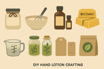 Diy hand lotion crafting icons set – flat, outline, natural and organic symbols