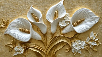 Ornate, decorative floral design in gold and white.