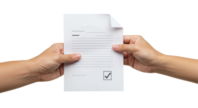 Isolated Hands Holding a Document with Lines and a Checkmark Box