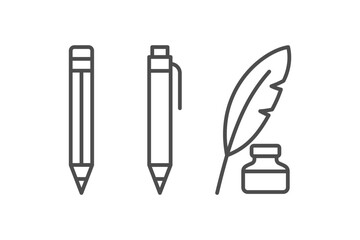 Quill feather and ink bottle, pencil and ballpoint pen vector outline icons set. Writing concept