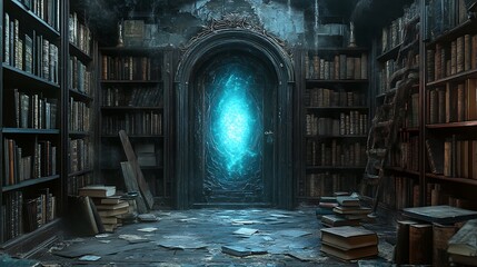 Enigmatic portal illuminates an antique library, hinting at magical journeys