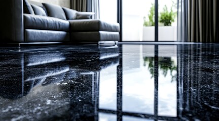 Highly polished dark floor reflects a modern sectional sofa and outdoor view through large windows