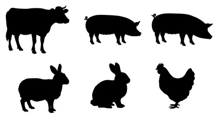 Collection of silhouettes of farm animals - cow, pig, sheep, rabbit, chicken. Animals side view. isolated on white background.