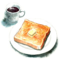 水彩バタートーストとコーヒー