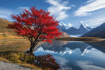 Vivid Red-Leafed Tree Growing by a Still Lake