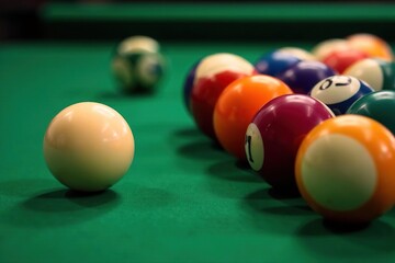 Rack of football billiard balls set for break, green felt , start, skill