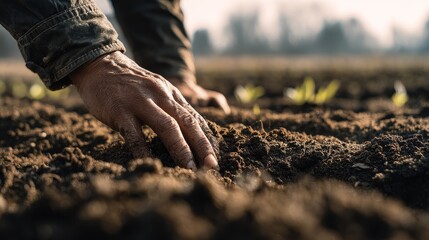 Farmer planting rice in a ricefield agriculture scene rural environment close-up view of soil preparation