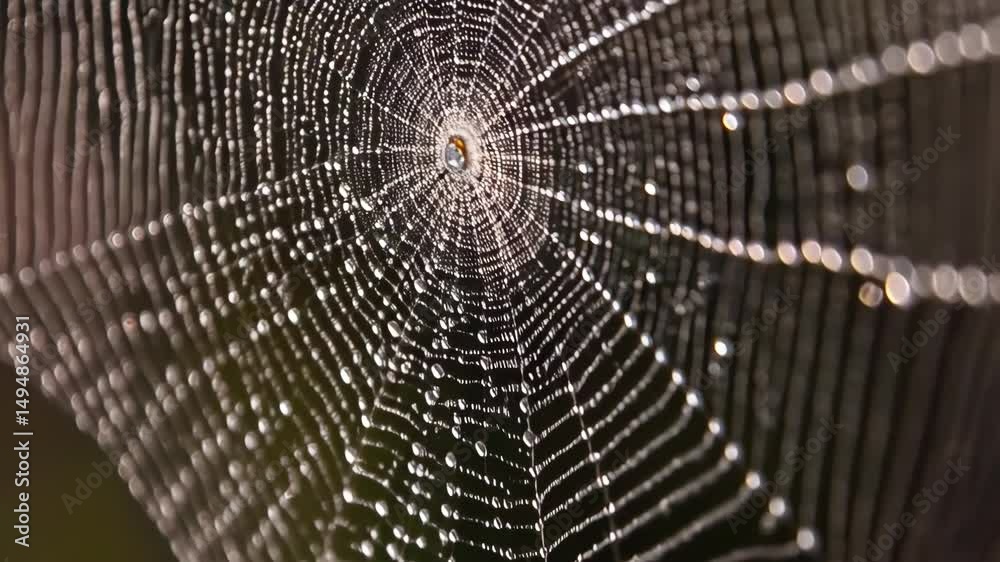 Wall mural macro shot of intricate spiderweb glistening with dewdrops, creating a delicate pattern with a natur