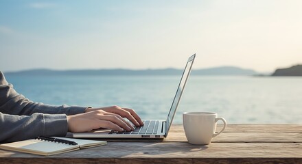 Hands Typing Laptop Ocean View