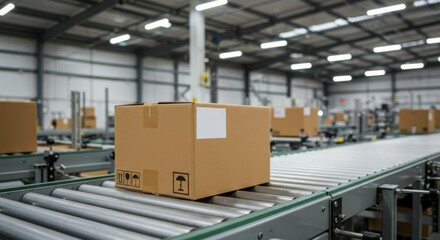 Cardboard box on conveyor belt in a modern factory