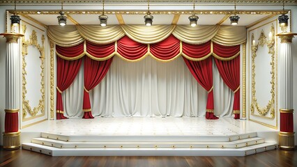 Luxurious and elegant stage with red curtains and gold accents for performances and presentations