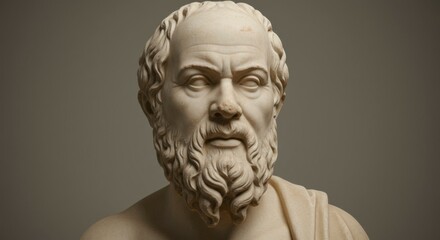 Obraz premium A detailed bust sculpture of a classical philosopher, showcasing intricate details in the hair, beard, and facial features. The neutral background enhances the focus on the artwork's craftsmanship