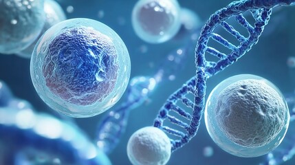 Abstract 3D Illustration of Human Cells and DNA Helix - Concept for Genetics, Medical Research, and Biotechnology in Healthcare and Therapy. Stem Cell Research, and Molecular Medicine.