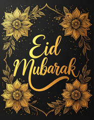 Eid Mubarak Golden Handwritten Text with Flower Illustrations and Glitter Effect on Black Background — Elegant Festive Islamic Greeting Design