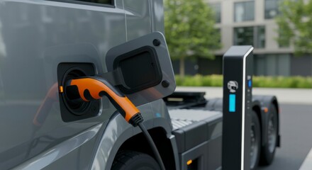 Electric semi-truck charging at a station in an urban setting