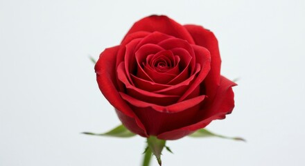 A single, vibrant red rose in full bloom against a plain white background.  Its petals are tightly furled, showcasing its deep color and elegant form