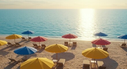 Sunny beach scene with various colored umbrellas and lounge chairs, sea, horizon. Golden hour light