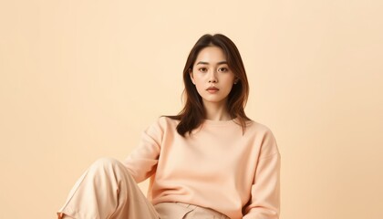 Confident Young Asian Woman in Peach Sweatshirt